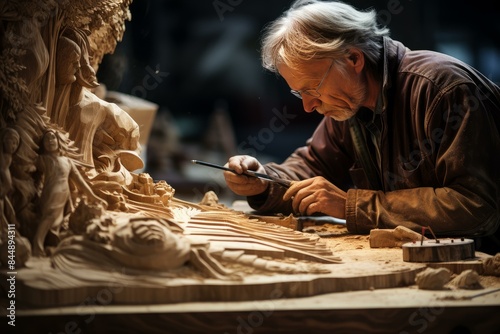 Master craftsman meticulously shapes a detailed wood carving with precision tools in a workshop