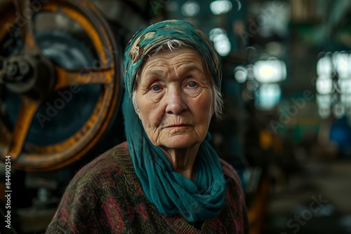 Portrait of a senior woman with expressive eyes in an industrial setting