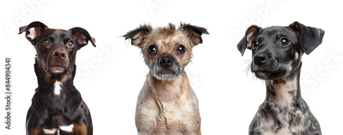 Dogs of three distinct breeds posing for portraits, each with unique facial features and expressions, showcasing their diverse personalities and captivating charm.