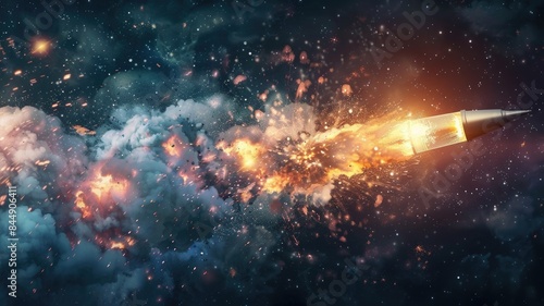 Missile launching through space with explosion, stars, and clouds