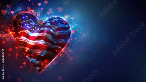 Heart-shaped American flag with glowing, vibrant colors against dark background Multiple red hearts surround it