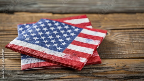 American flag napkins on wooden table, symbolizing patriotism