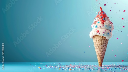 Ice cream cone with sprinkles and stars on blue background