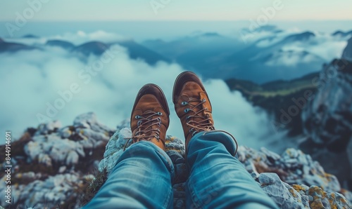 Close-up of legs wearing hiking shoes in mountains