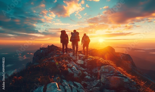 Three climbers walking along a mountain ridge at sunset