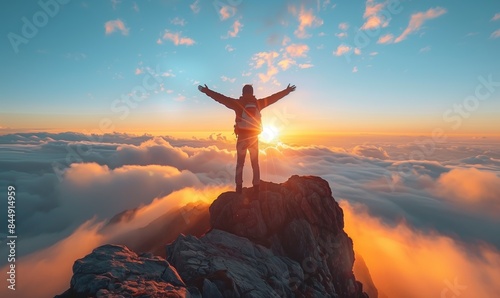 Hiker with arms outstretched standing on top of a mountain peak, Hiker celebrating success on the top of a mountain, Full rear view