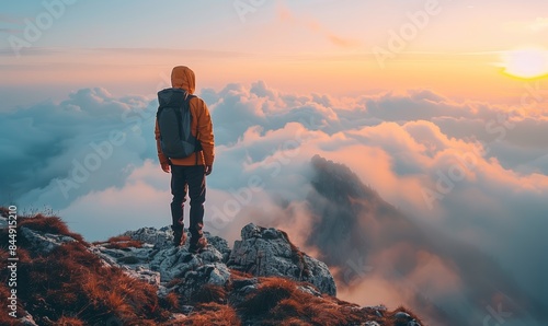 A mountain climber looks at the sunrise from the top of the mountain, suitable for your climbing design, back view