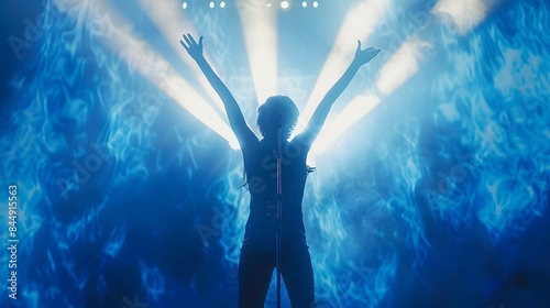 a stunning silhouette of a rock star commanding the stage, arms raised in the air, clutching a microphone in their left hand, bathed in the dynamic glow of blue and white spotlights from behind