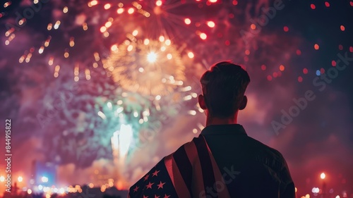 Young man draped in flag watching colorful fireworks at night