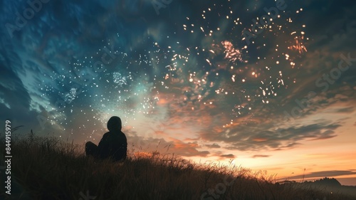 Person sits in field at dusk, vibrant sky illuminated by fireworks