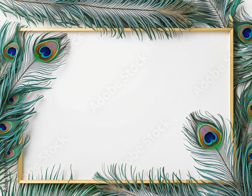 Watercolor painting with generative AI creates a stunning layout featuring a border of transparent peacock feathers and negative space for design creativity