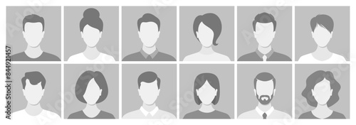 Collection Of Twelve Monochrome Face Placeholders In A Grid Layout. Vector Diverse People Avatars, Social Media Profiles
