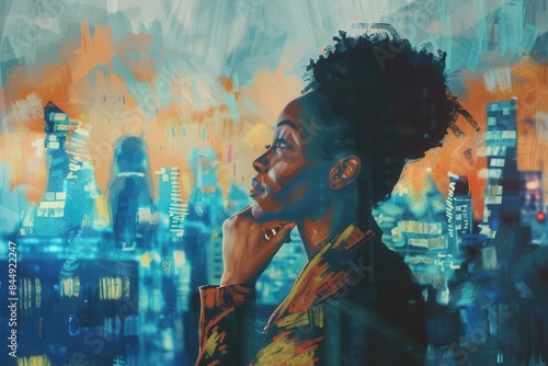 successful black businesswoman contemplating new investment opportunities in modern city digital painting