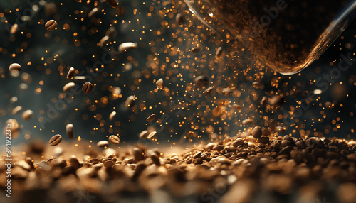 Fresh roasted coffee beans with smoke on wooden floors Explosion of ground coffee with roasted beans on dark background