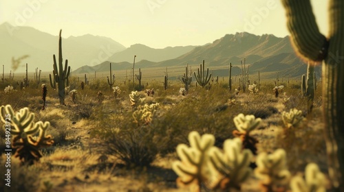 The scorching air distorts the landscape turning distant cacti into wavering shapes on the horizon in a defocused blur. .