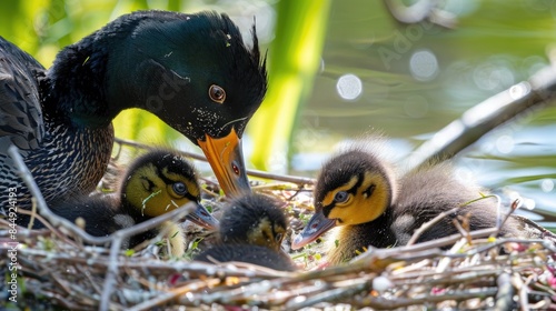 Close up of a nest during Spring with Eurasian coot chicks being fed by a parent in colorful and sunny weather Viewing from a low angle