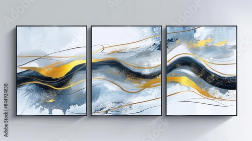 A trio of abstract hand painted oil paintings with golden lines for wall decoration