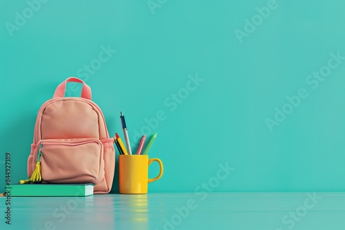school backpack and school supplies on blue background - fotgrafos de imagen