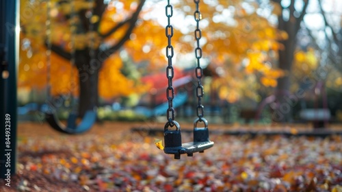 A soft blur of colorful foliage serves as the perfect contrast to the sharp focus on the swings and slide in the foreground evoking a sense of playful nostalgia for the fall season. .