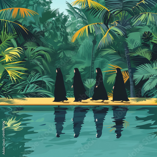 A group of women wearing black robes walk across a bridge over a pool. The image is a reflection of the women in the water