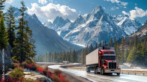 A large semi truck is driving down a road in front of a mountain range. The scene is peaceful and serene, with the truck being the only vehicle on the road