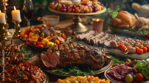 culinary delight with a vibrant scene of a buffet spread indoors, showcasing an array of grilled meats and delectable dishes, perfect for any festive occasion or wedding reception. Realistic HD