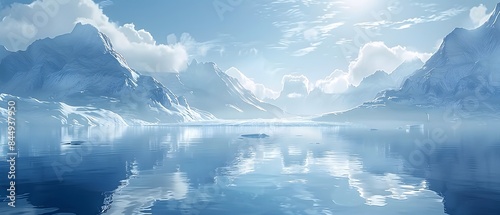 digital illustration of natural scene view of melting icebergs at summer time into a lake between mountains