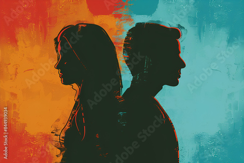 Illustration of silhouette of a couple looking in different direction , in marriage clash and about to get divorce or to separate