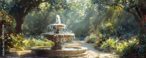 Sunlit garden with a stone fountain