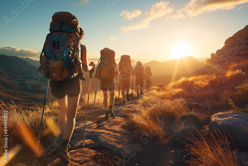 Group of hikers trekking at sunset in the mountains with backpacks on 