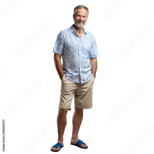 Senior man smiling in summer attire on transparent background