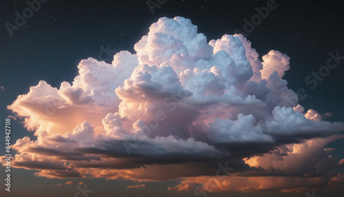 Surreal 3D rendering of a cumulus cloud in neon light, isolated on a black background, with a futuristic and magical atmosphere