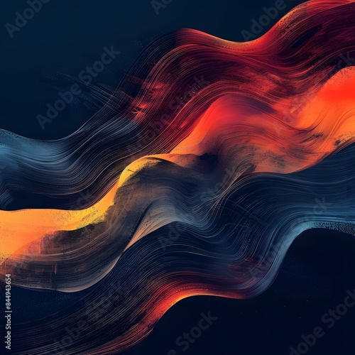 Grainy noisy poster background, dark blue orange red color wave black backdrop abstract header banner design