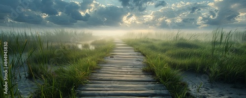 Wooden boardwalk through a marshland