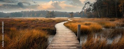 Wooden boardwalk through a marsh