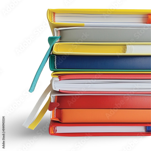 Stack of colorful textbooks with bookmarks peeking out | Isolated on Transparent & White Background | PNG File with Transparency