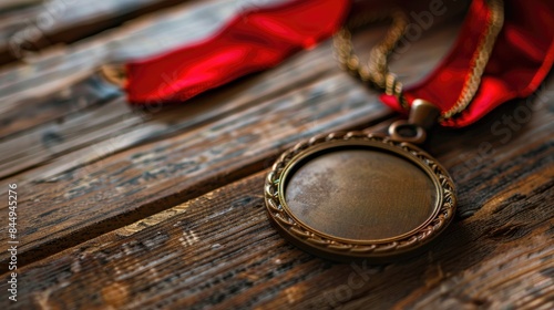 Medal in glass displayed on wooden background in natural setting Conservation idea