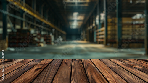 Empty wood table top with blur background of warehouse of factory. The table giving copy space for placing advertising product on the table along with beautiful industrial warehouse background.