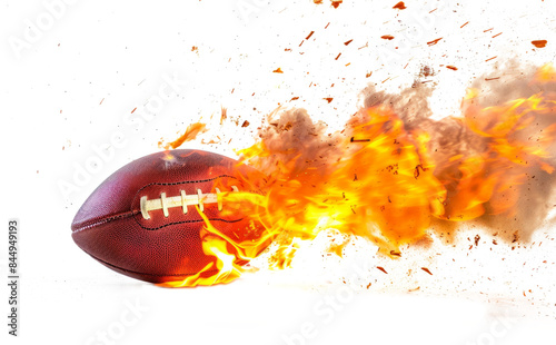 american footbal lball with bright flame flying on white background