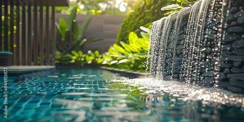 outdoor home modern water feature fountain waterfall on swimming pool as wide banner with copy space area for garden landscape