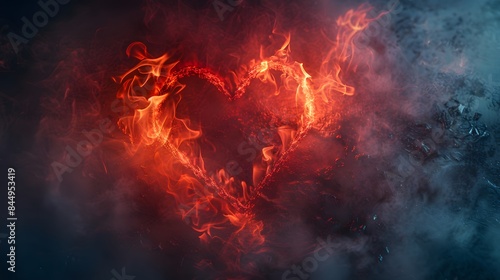 red neon glowing heart shape of love burning into smoke as banner background with copy space area