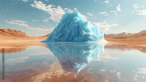 sand glass dripping iceberg melting with desert background, time to save the environment before too late