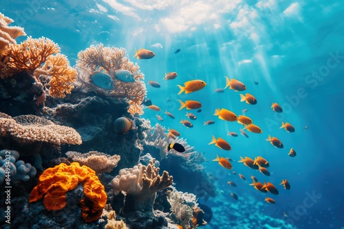 A vibrant coral reef teems with life as a school of colorful fish swims through the clear blue water, a testament to the beauty and fragility of this vital ecosystem.