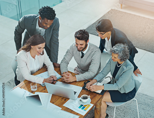 Above, business people and laptop in office for project, planning and documents in conference room. Team, collaboration and webinar in workplace with tech, online workshop and brainstorming