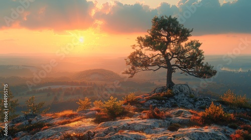 Lone tree standing on a rocky mountain top at sunset overlooking a valley
