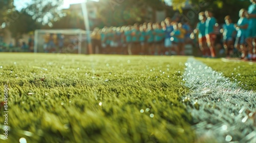 Defocused image of a soccer field showcasing a teams warmup exercises and the blurred backdrop of cheering fans conveying the contagious spirit and camaraderie of competitive sports. .