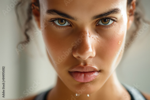 Determined young woman sweats after a tough workout, showing strength and focus on fitness goals. Her glowing skin and toned muscles reflect a commitment to a healthy lifestyle