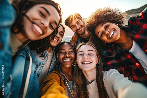 International group of young people smiling together at camera - Happy friends taking selfie pic with smart mobile phone outdoors - Youth community and technology life style, Generative AI