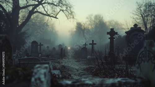 A hazy blurred view of a desolate graveyard at twilight the fading light casting an eerie glow on the ancient headstones and cracked mausoleums. .
