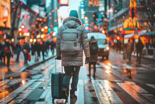 Journey depiction: a person with luggage, symbolizing refugees, travelers, or someone in commandery, capturing essence of movement, transition, and the diverse experiences of individuals on the move.